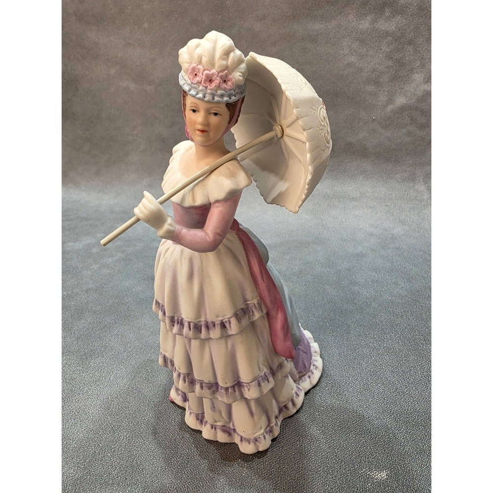 Homco 1431 Victorian Lady with Parasol Porcelain Figurine Pink Lavender Bisque